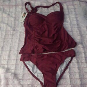 Cillet NWT Burgandy Halter Crisscross Ruched High Cut Tankini Swimsuit Size L